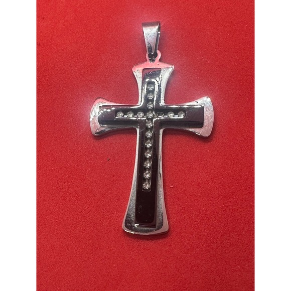 Silver Tone Black Inlay Crystal Cross Pendant Men Women Unisex Jewelry - Picture 5 of 7
